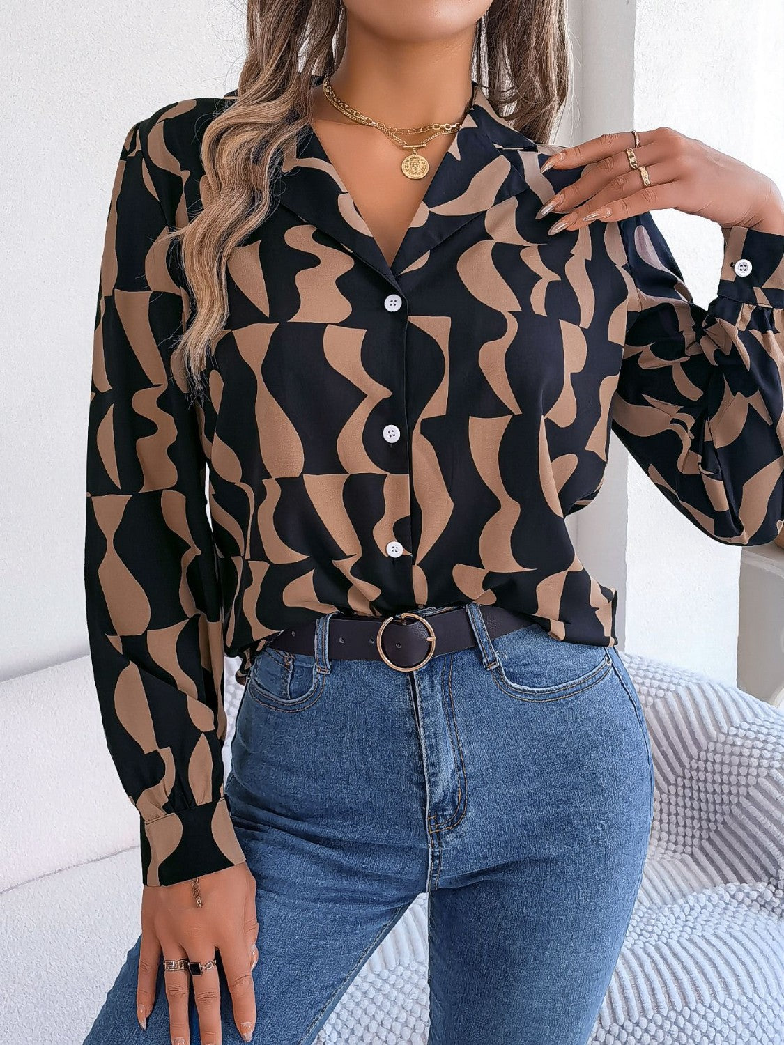 Printed Button Up Long Sleeve Shirt 