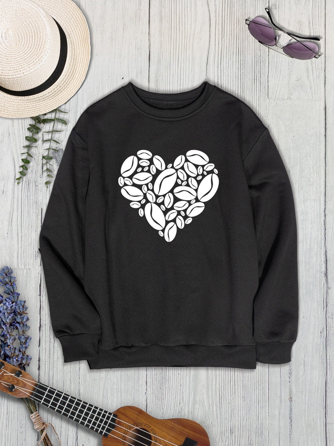 Heart Round Neck Dropped Shoulder Sweatshirt 