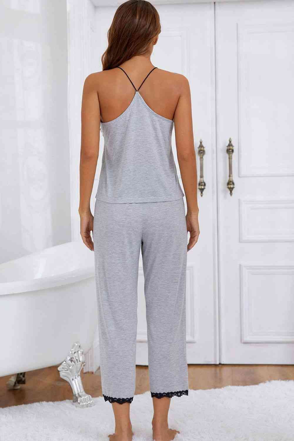 Halter Neck Cami and Lace Trim Pajama Set 