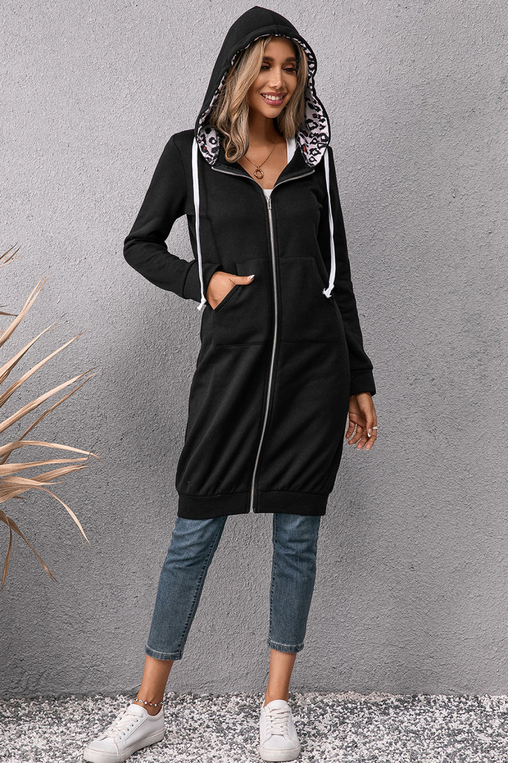 Leopard Spliced Drawstring Zip Up Hoodie Dress 