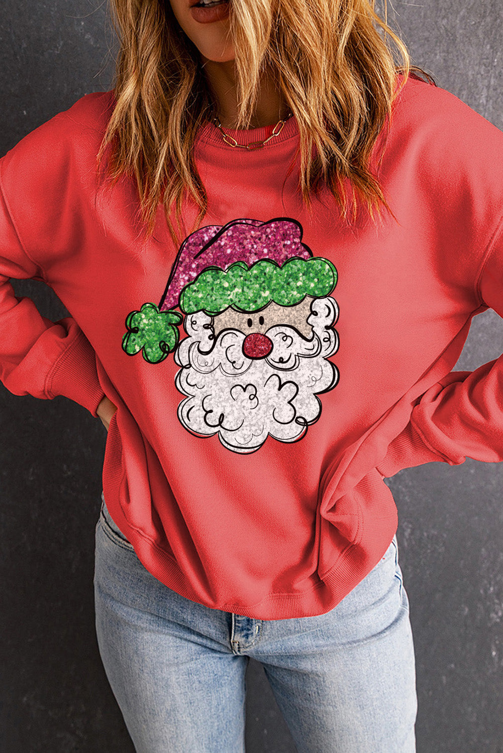 Santa Graphic Round Neck Long Sleeve Sweatshirt 