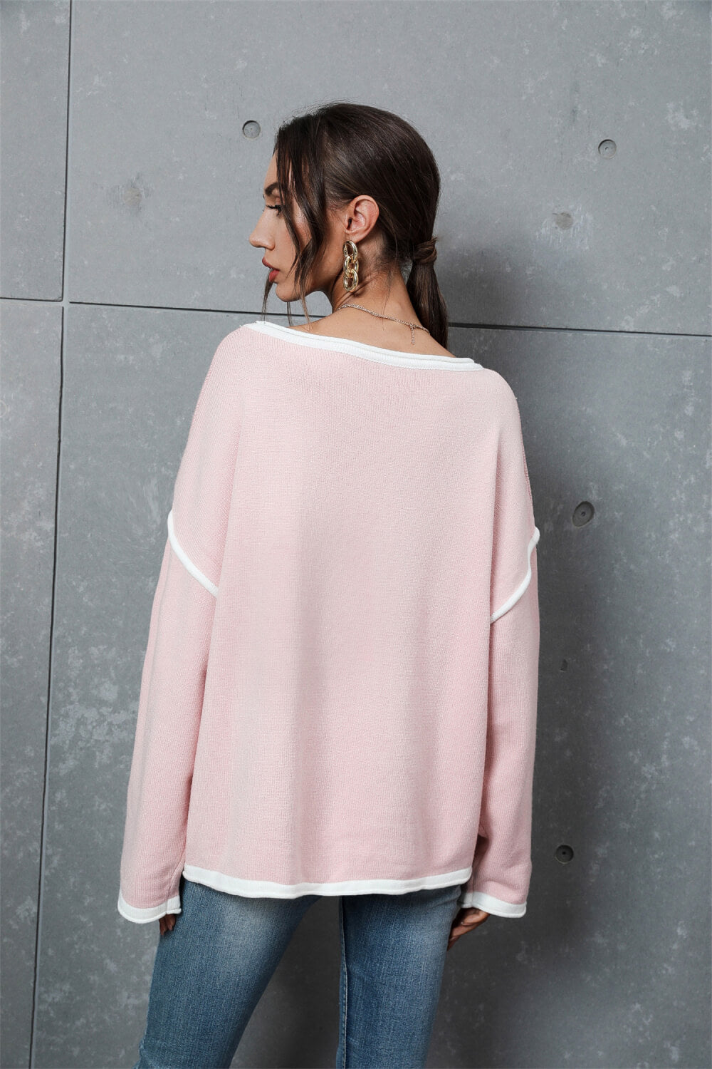 Contrast Detail Dropped Shoulder Knit Pullover 