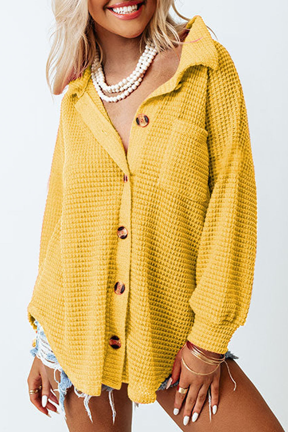 Waffle-Knit Button Up Long Sleeve Shirt with Pocket - Babbazon Tops