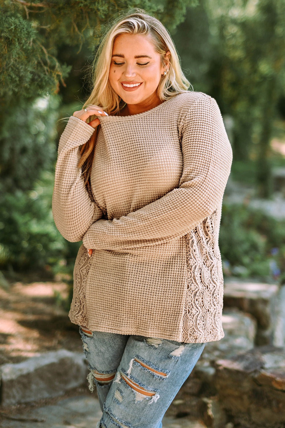 Plus Size Waffle-Knit Spliced Lace Top 