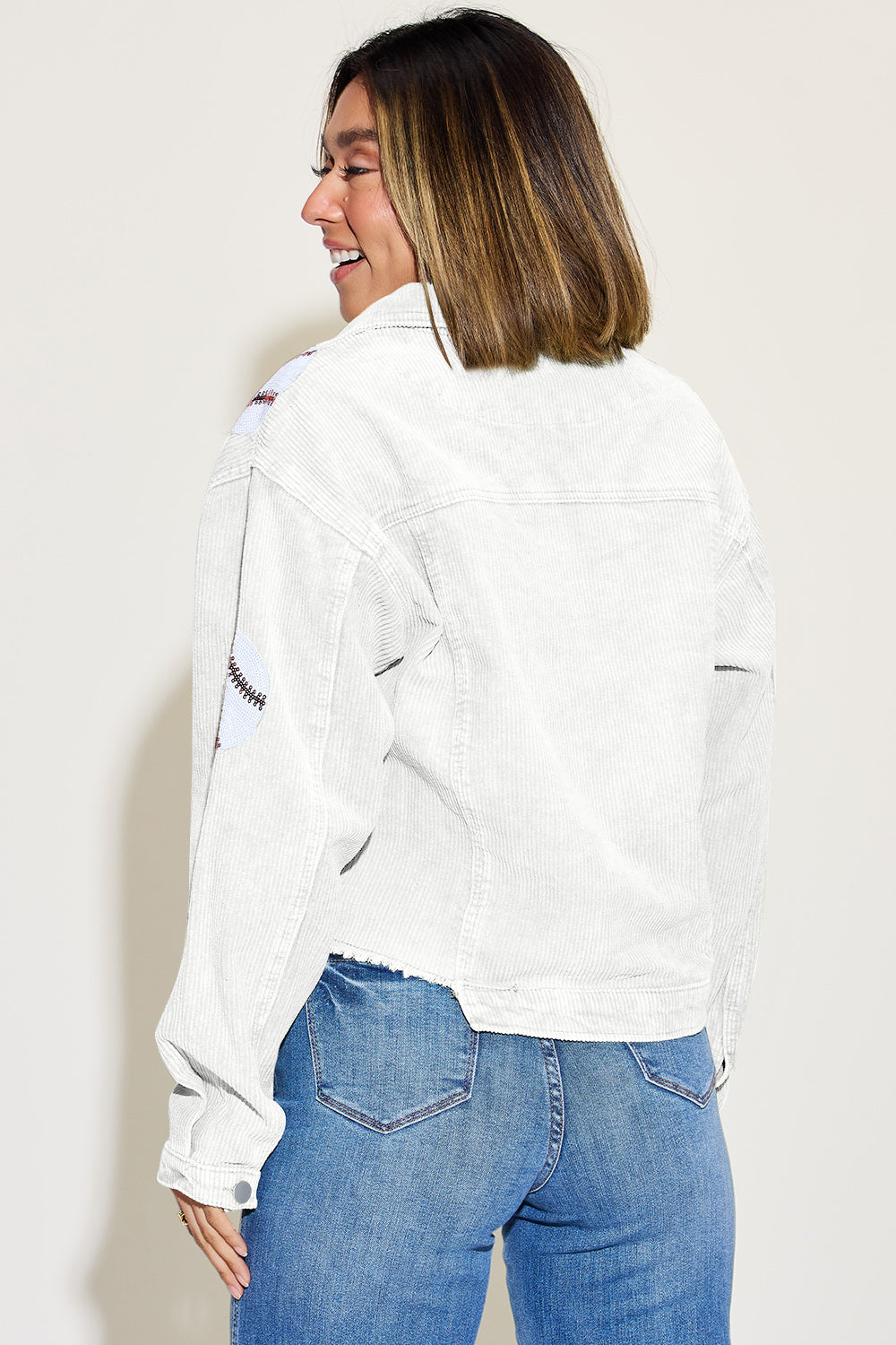 Ball Sequin Dropped Shoulder Raw Hem Jacket