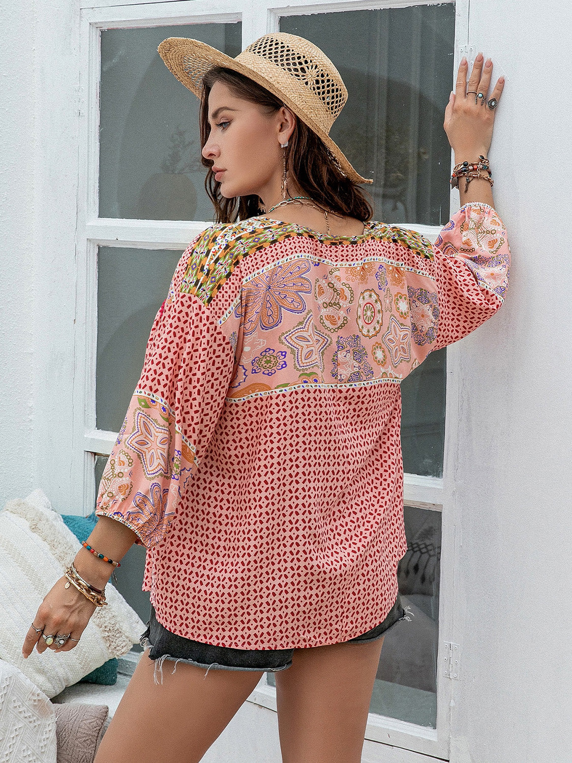 Plus Size Printed Tie Neck Balloon Sleeve Blouse 