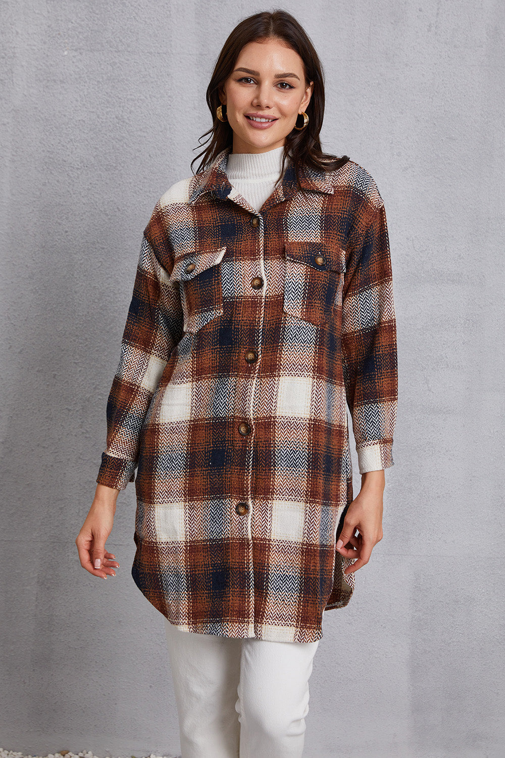 Plaid Button Up Dropped Shoulder Coat with Pockets 