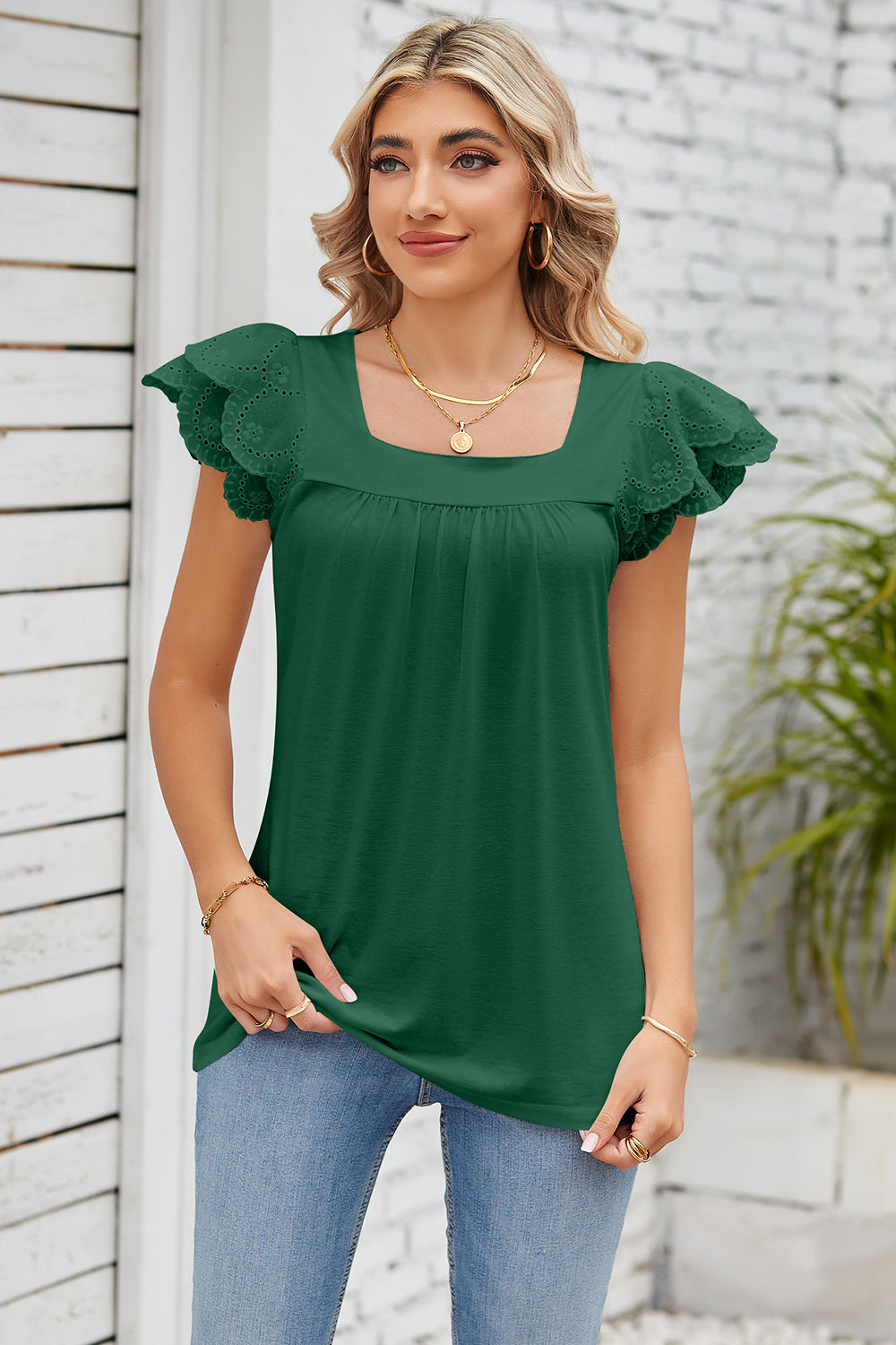 Eyelet Square Neck Cap Sleeve Blouse 