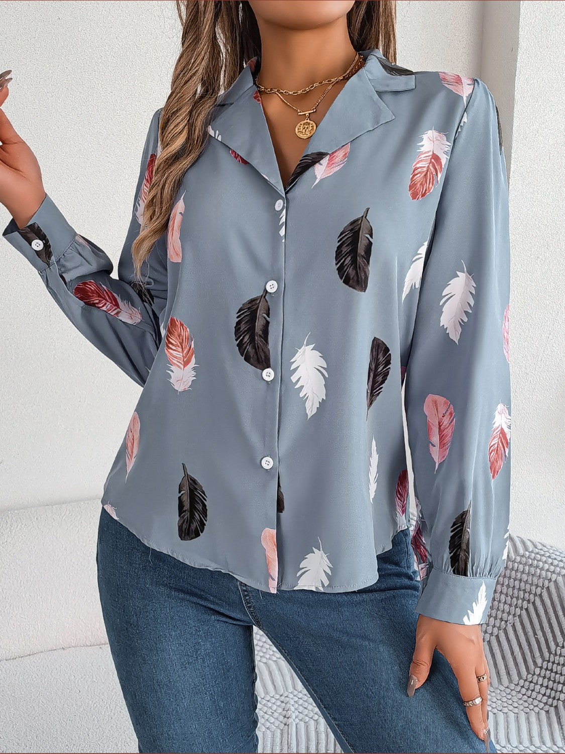 Button Up Printed Collared Neck Shirt 