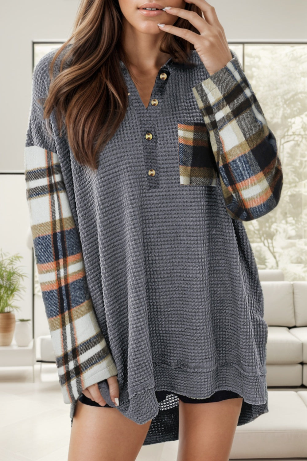 Waffle-Knit Pocketed Plaid Dropped Shoulder Blouse 