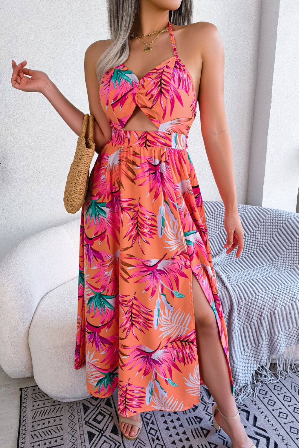 Botanical Print Tied Backless Cutout Slit Dress 