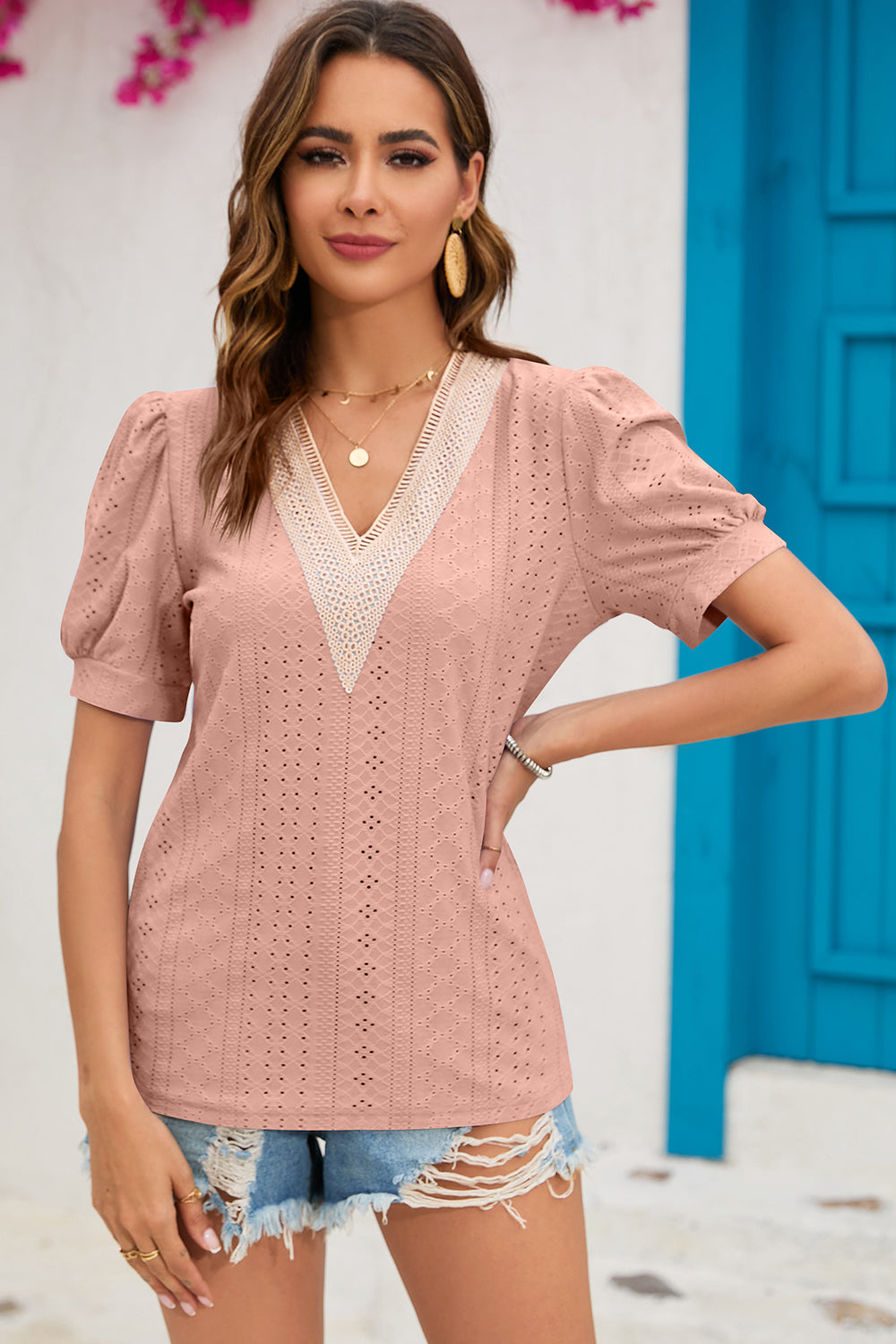 Eyelet V-Neck Short Sleeve T-Shirt 