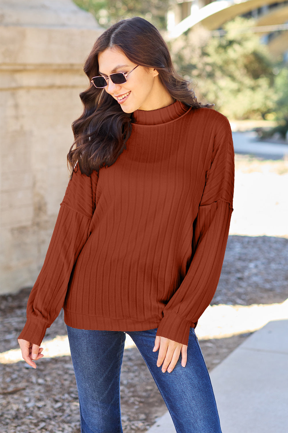 Basic Bae Full Size Ribbed Exposed Seam Mock Neck Knit Top 