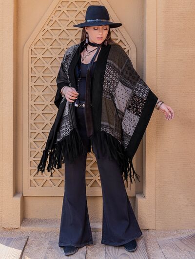 Plus Size Printed Fringe Open Front Outerwear 