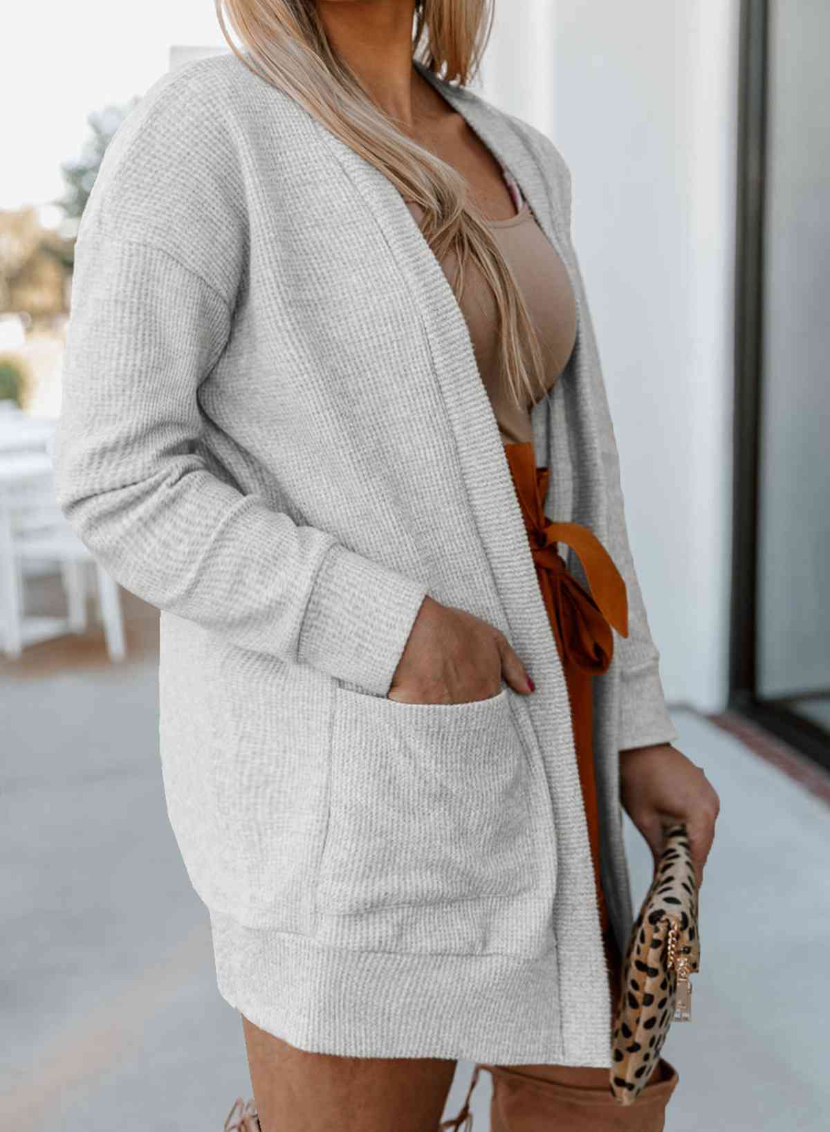 Plus Size Ribbed Open Front Long Sleeve Cardigan with Pockets 