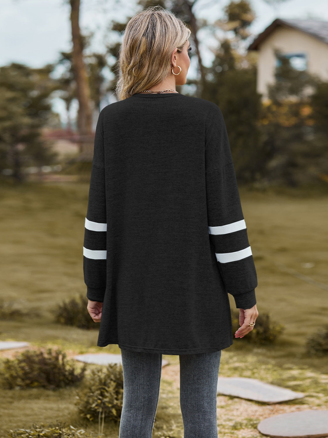 Striped Open Front Dropped Shoulder Cardigan