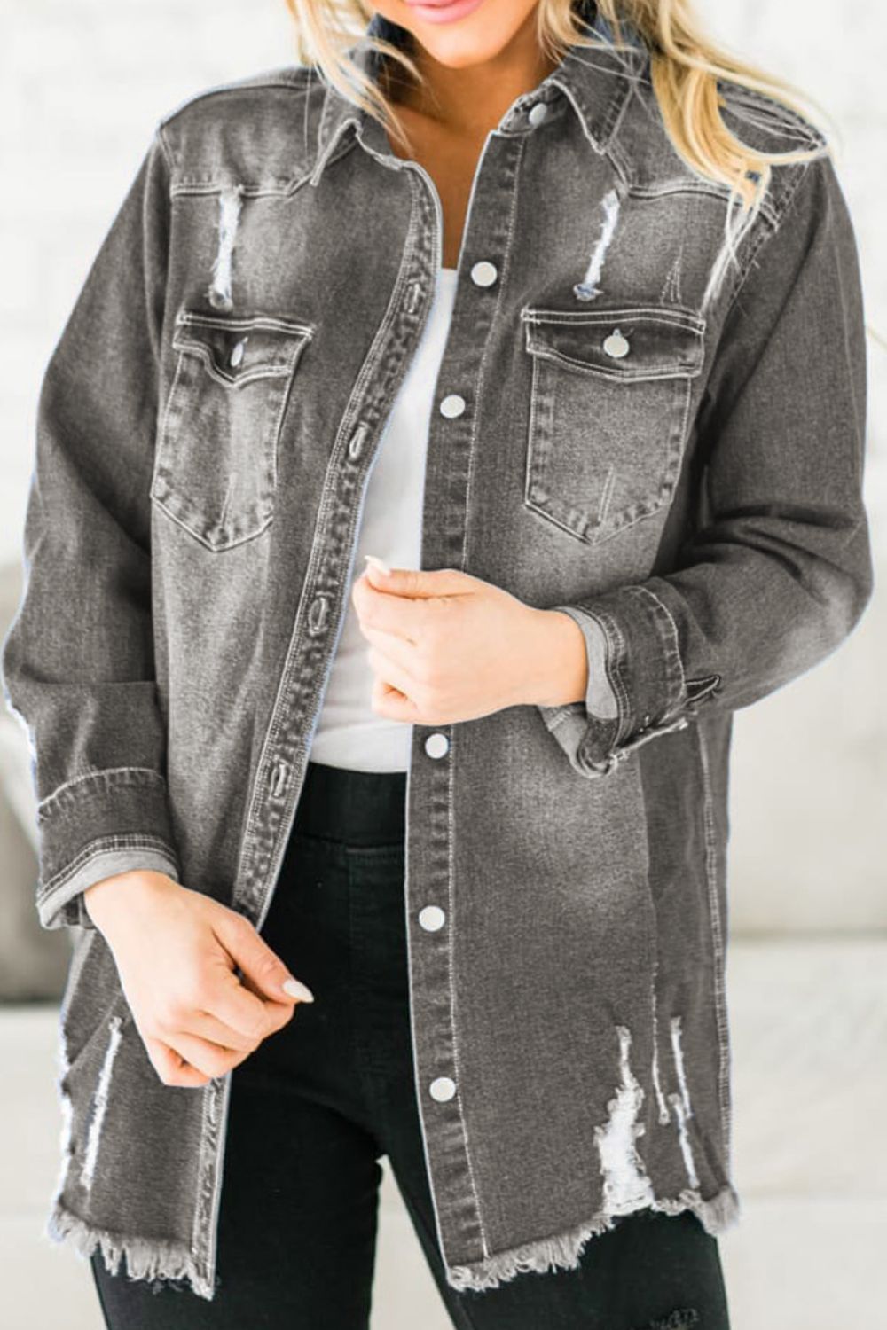 Distressed Button Up Raw Hem Denim Jacket 