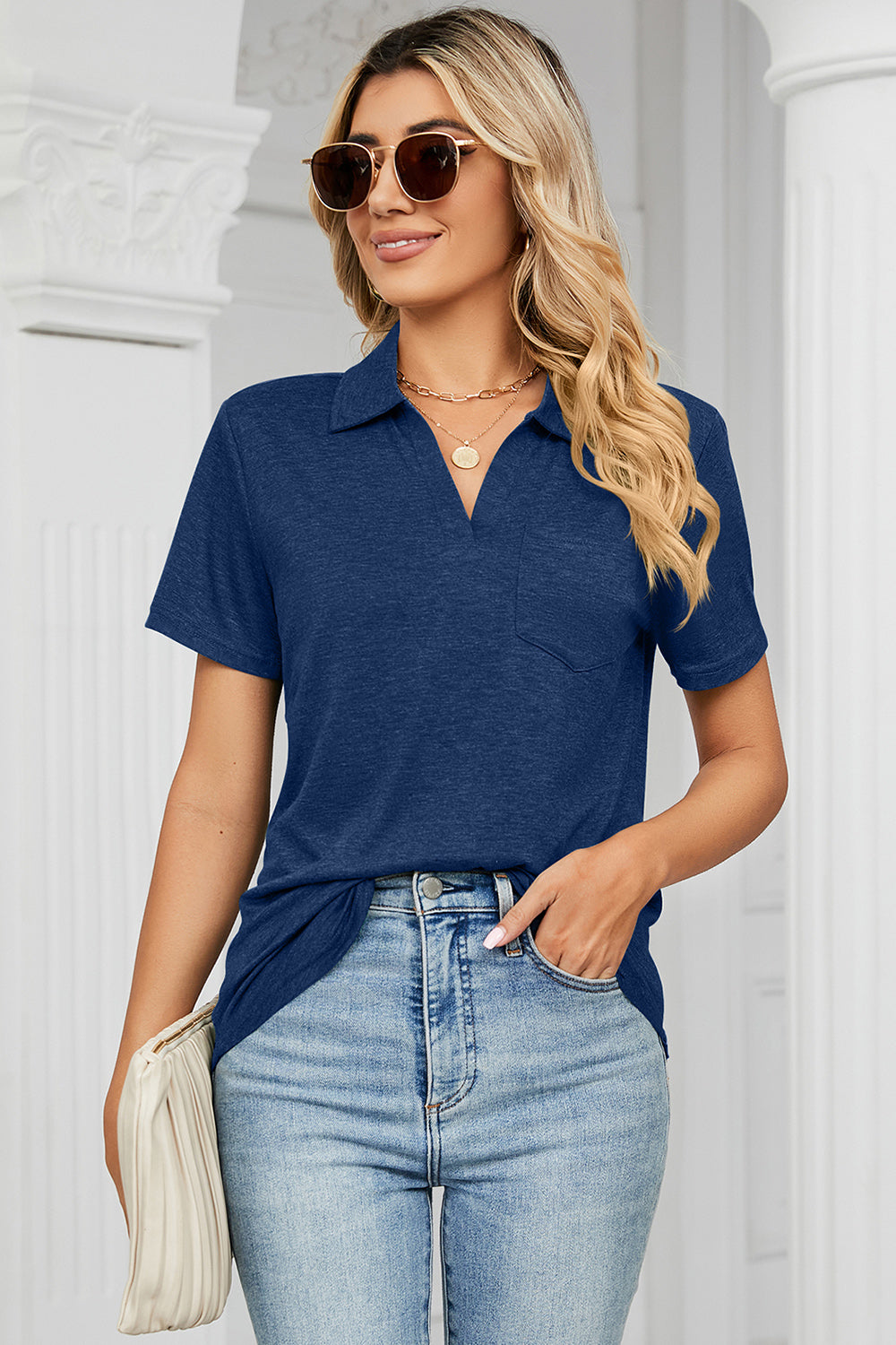 Johnny Collar Short Sleeve Blouse 