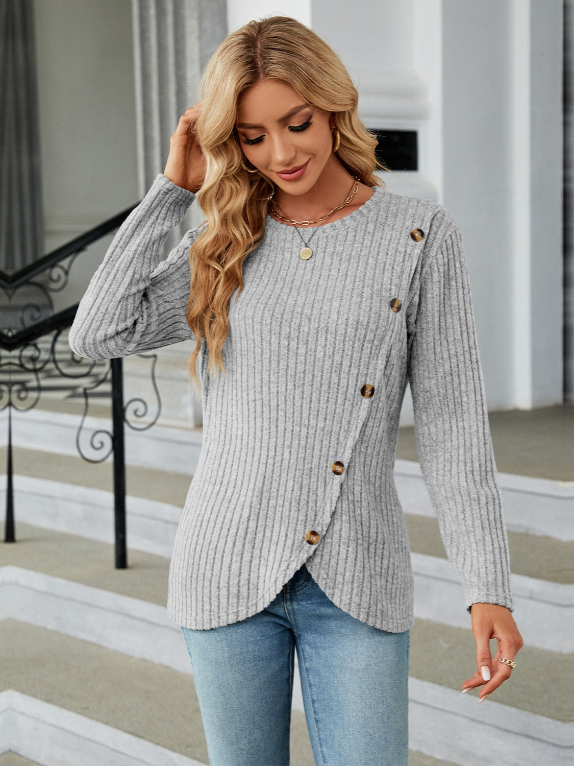 Round Neck Long Sleeve Blouse