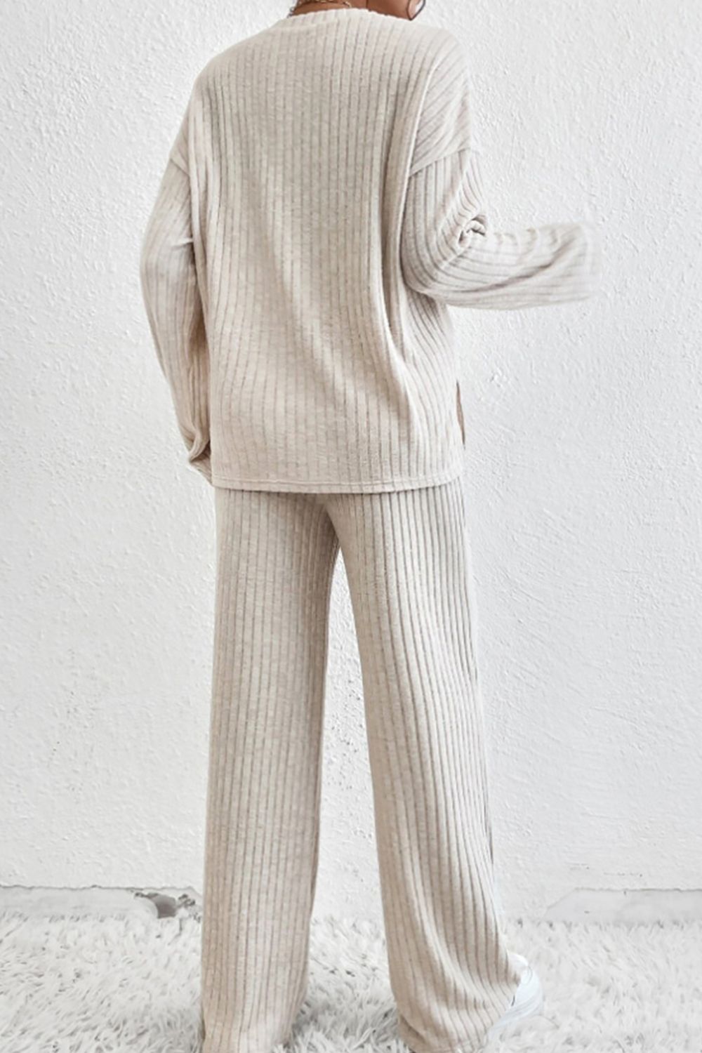 Ribbed Half Button Knit Top and Pants Set 