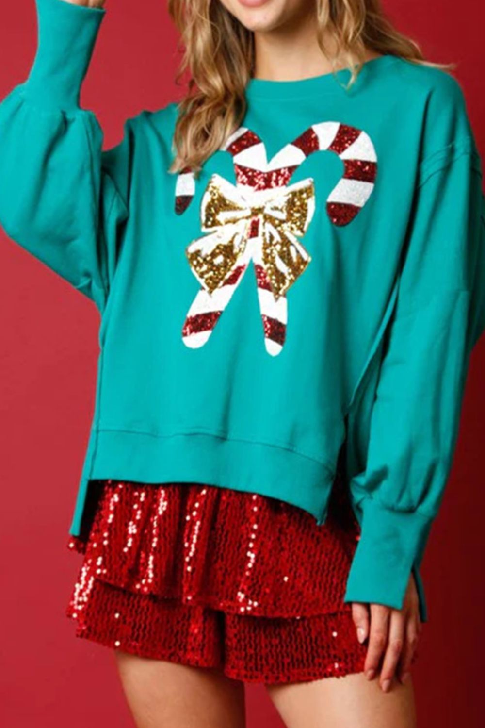 Candy Cane Slit Dropped Shoulder Sweatshirt 