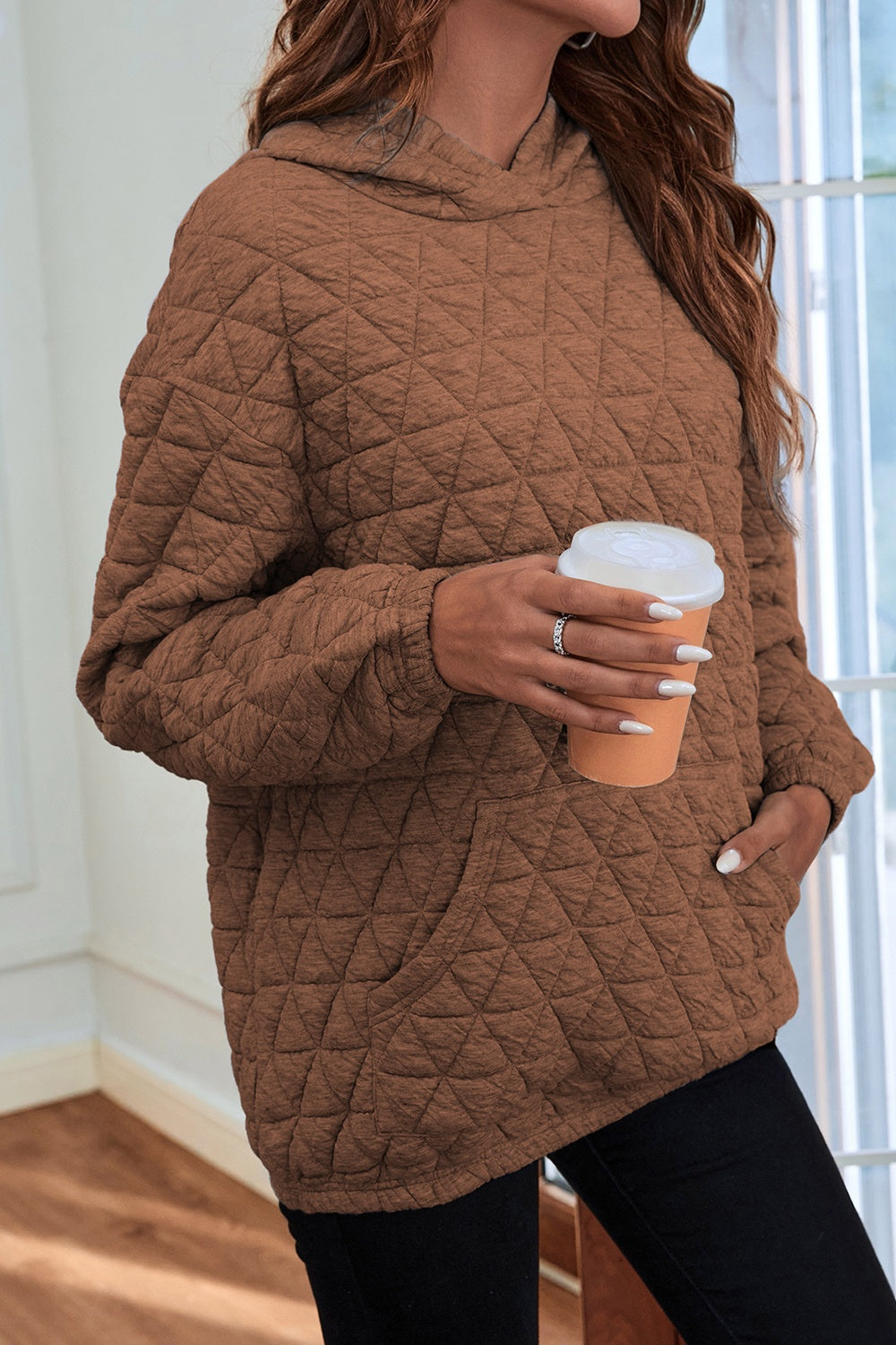 Quilted Long Sleeve Hoodie with Pocket - Babbazon Tops