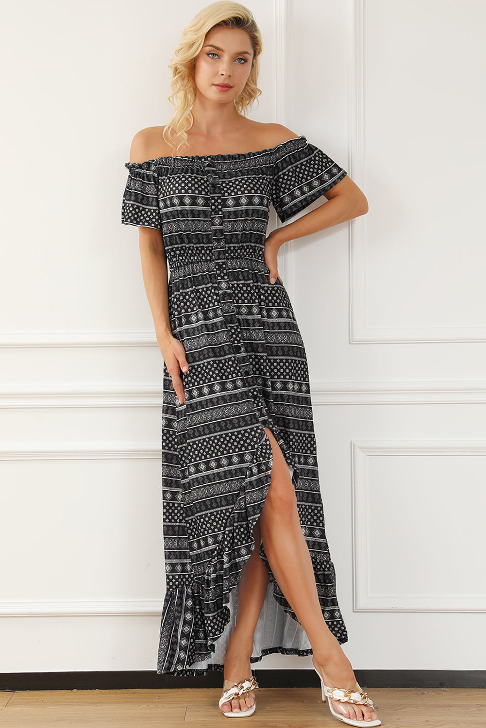 Smocked Off-Shoulder Ruffle Hem Dress 