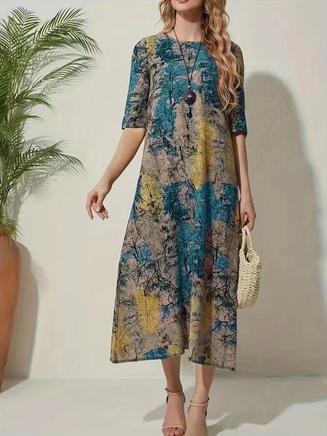 Full Size Printed Half Sleeve Midi Dress 