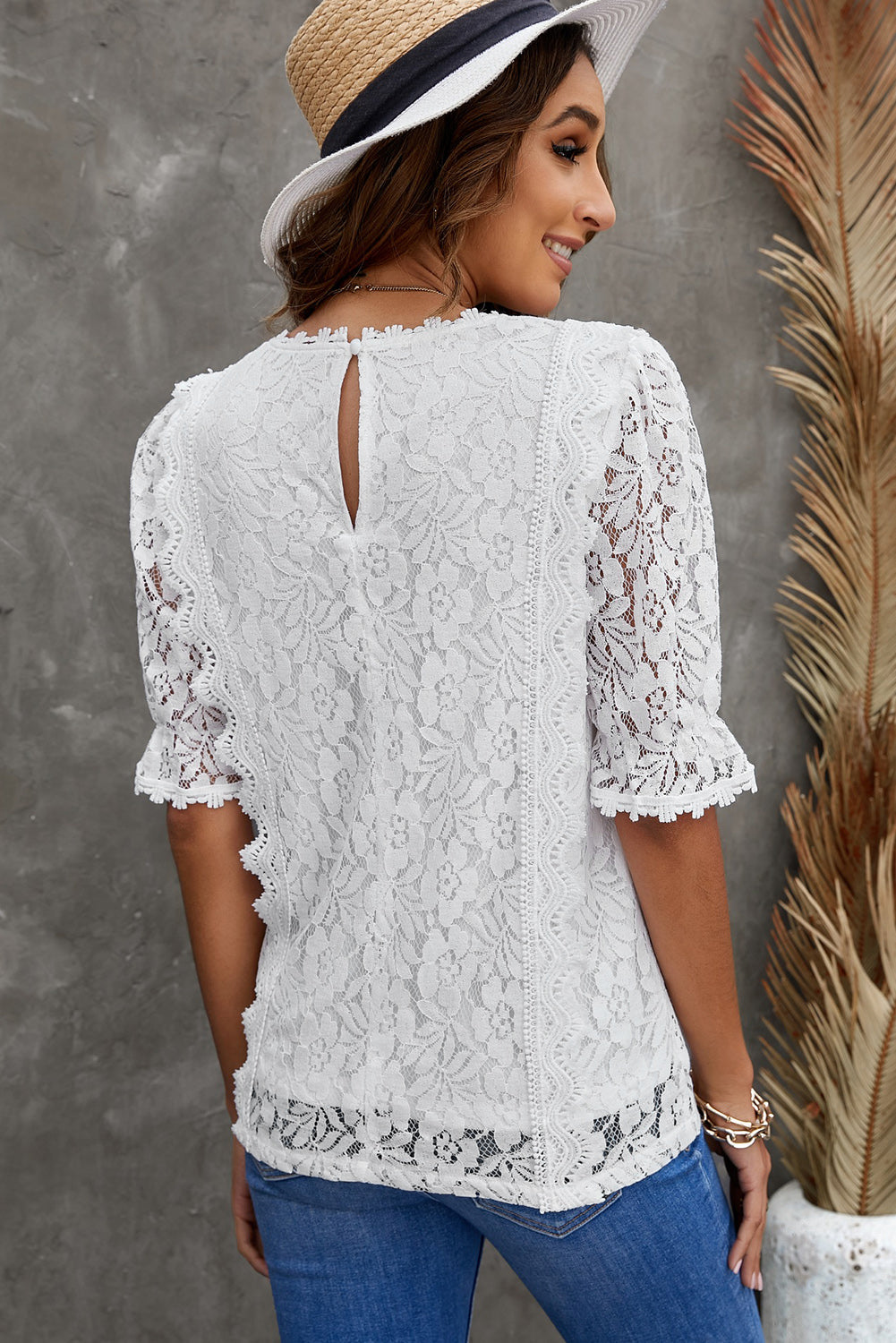 Lace V-Neck Flounce Sleeve Top 