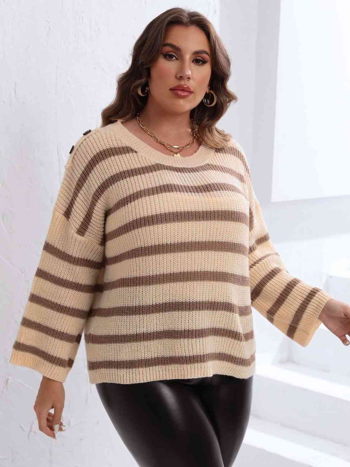 Plus Size Striped Dropped Shoulder Sweater 