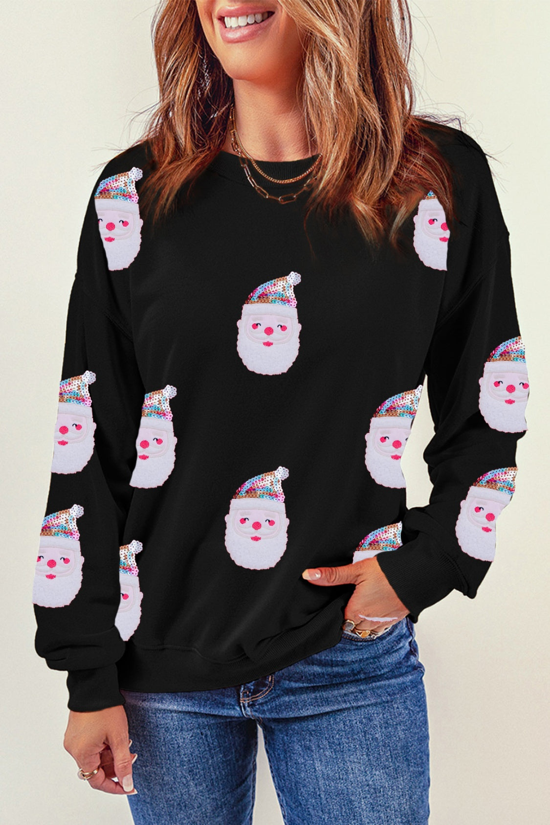 Sequin Santa Long Sleeve Sweatshirt - Babbazon Sparkly Clothes