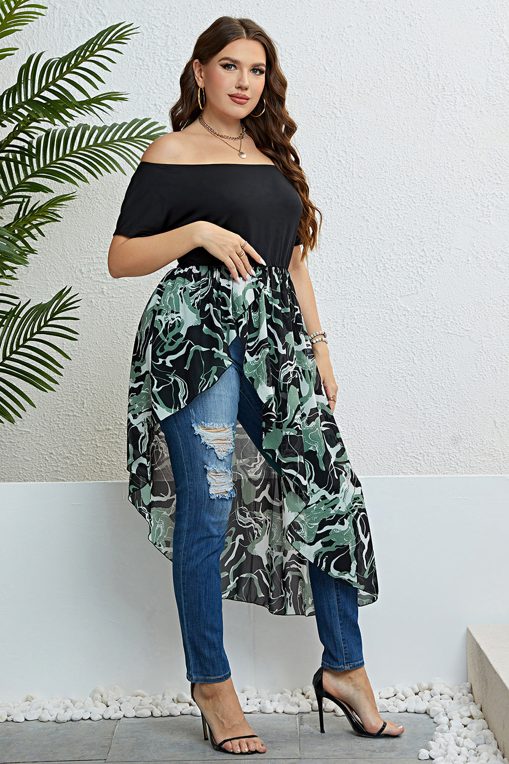 Plus Size Off-Shoulder Asymmetrical Hem Dress 