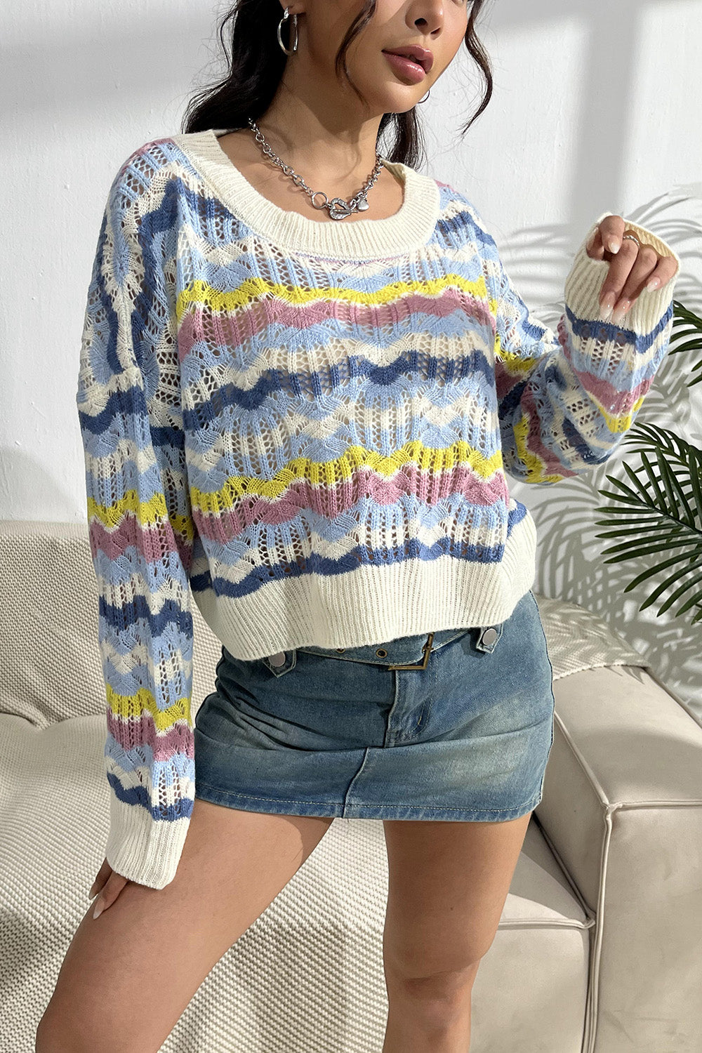 Striped Openwork Dropped Shoulder Sweater 