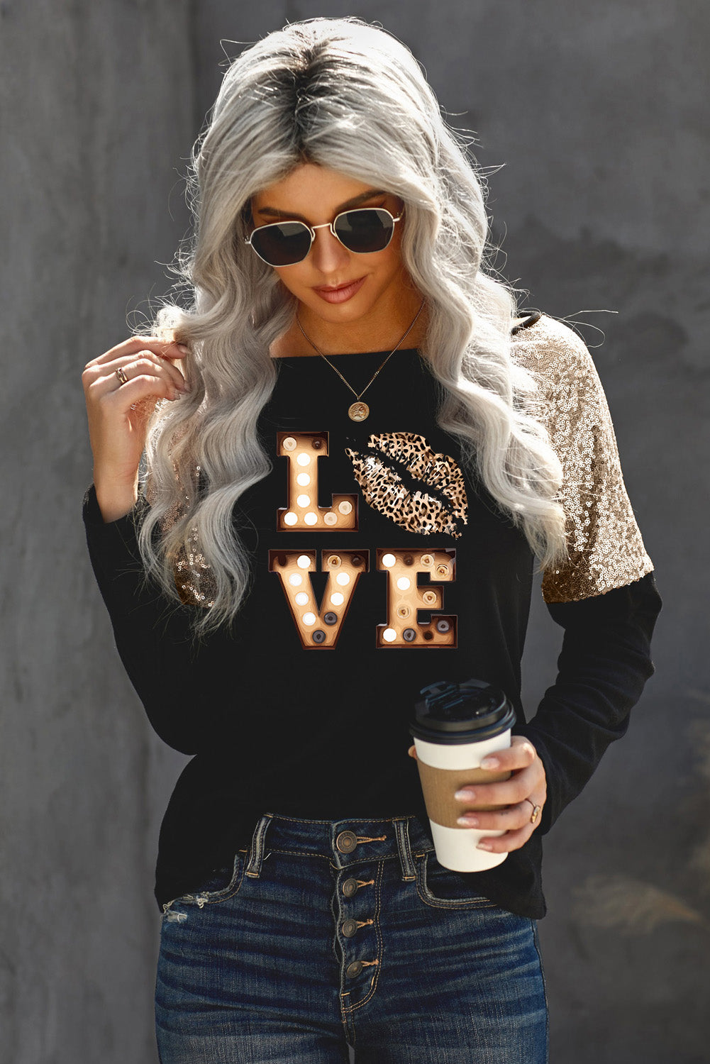 LOVE Graphic Sequin Long Sleeve T-Shirt 