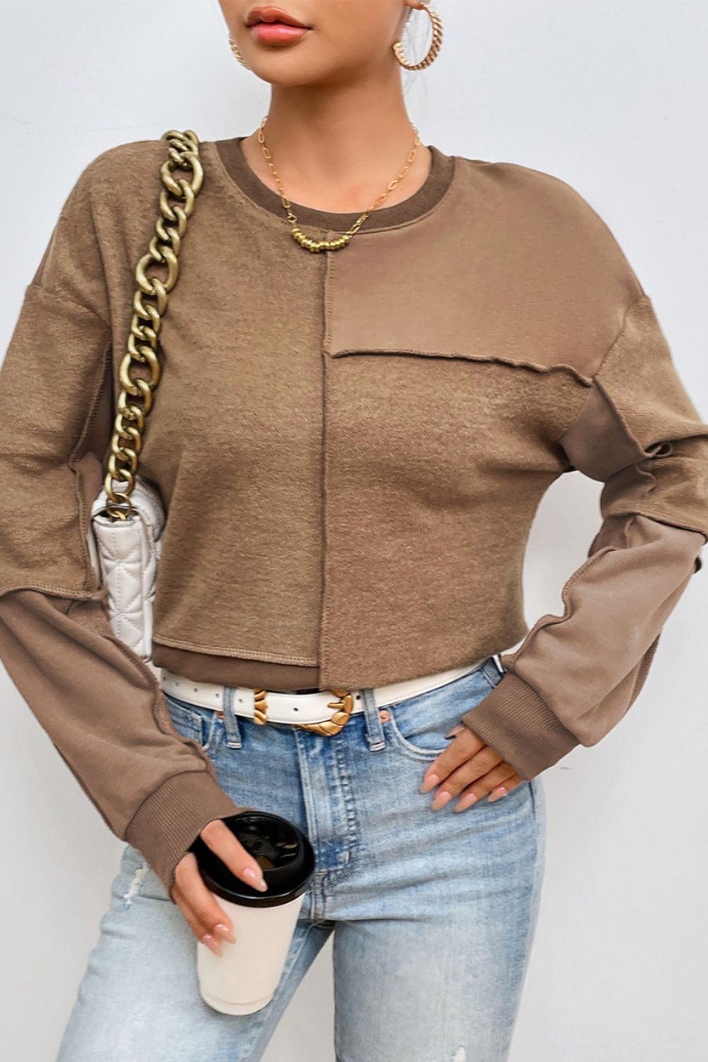 Exposed Seam Round Neck Long Sleeve Sweatshirt 