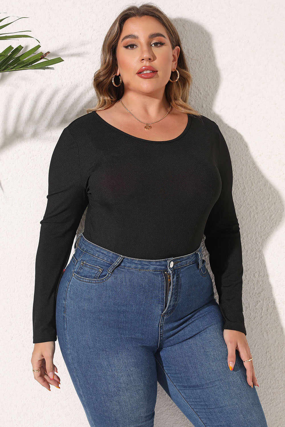 Plus Size Round Neck Long Sleeve Bodysuit 