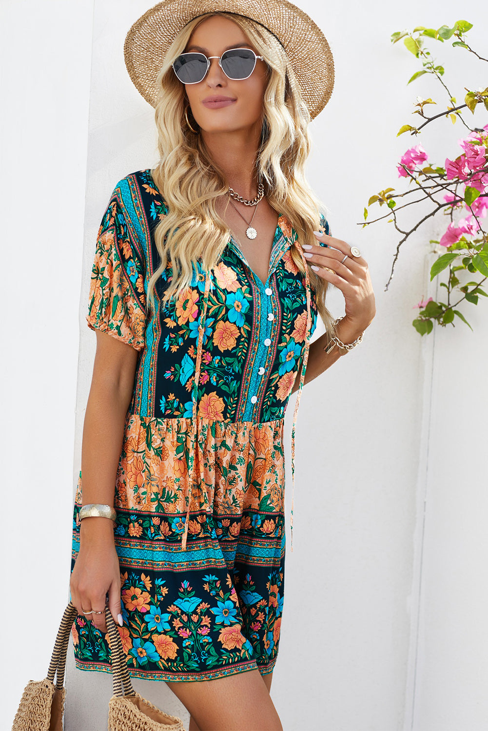 Floral Multicolored Tie-Neck Romper 