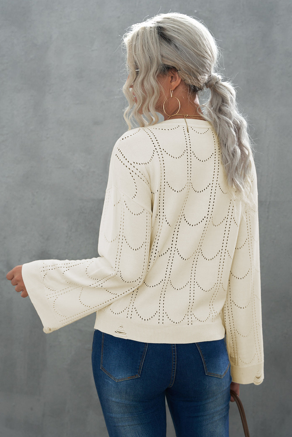 Openwork Flare Sleeve Pullover Sweater 