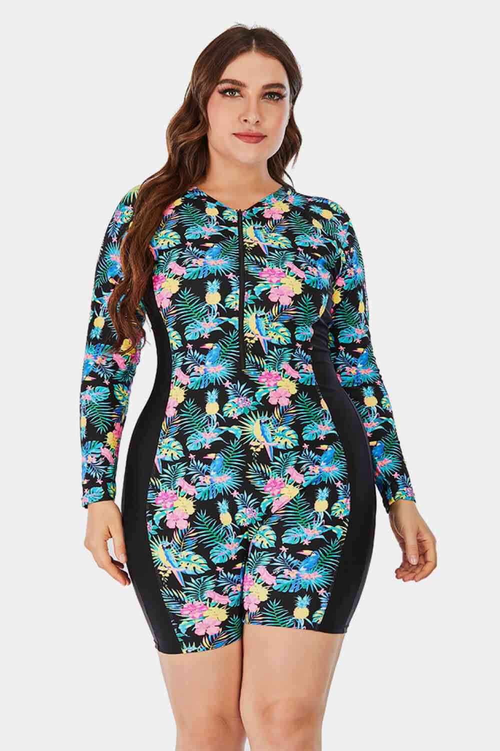 Plus Size Floral Zip Up  Long Sleeve Short Wetsuit 