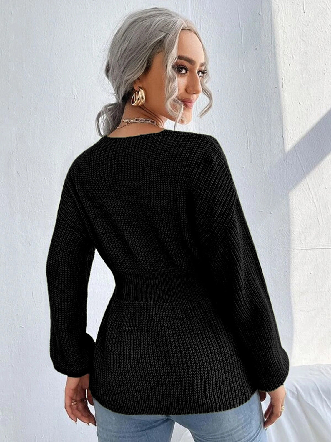 Notched Dropped Shoulder Knit Top 