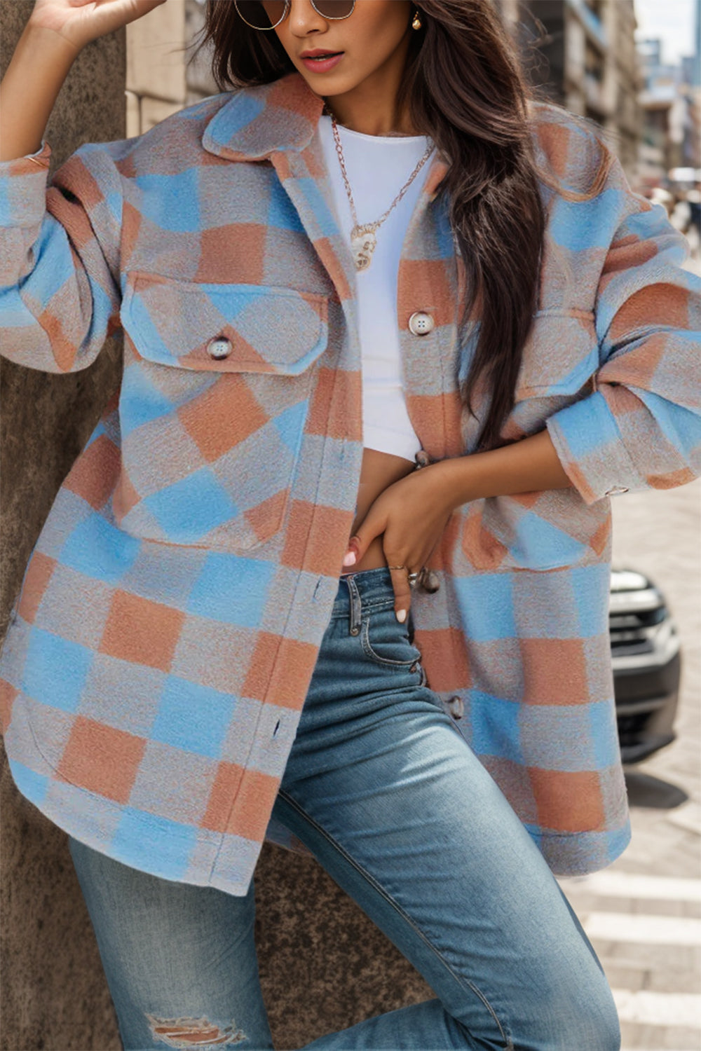 Plaid Button Up Dropped Shoulder Jacket 