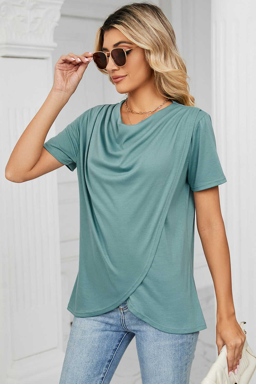 Cowl Neck Short Sleeve T-Shirt 