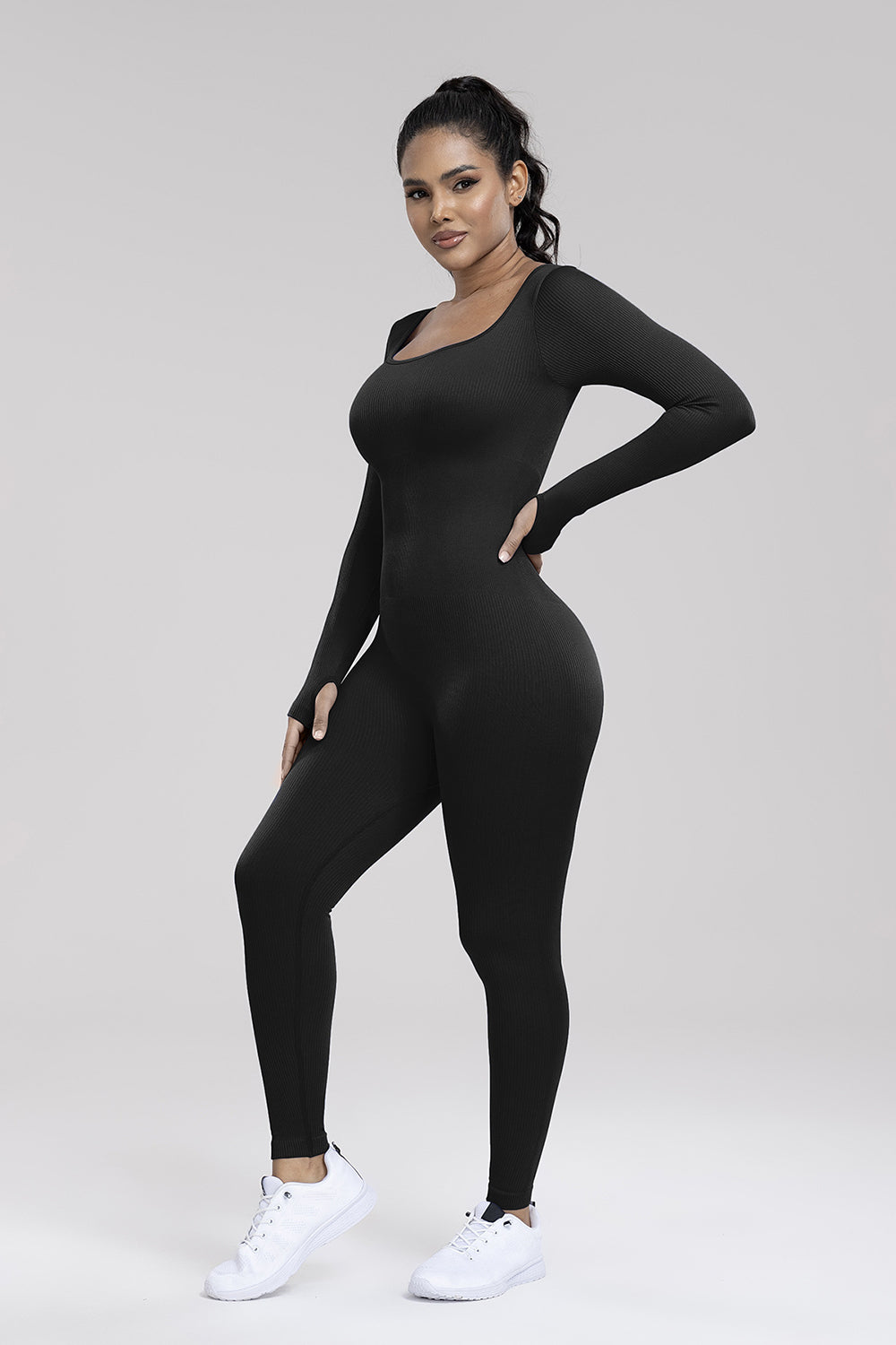 Square Neck Long Sleeve Active Jumpsuit 