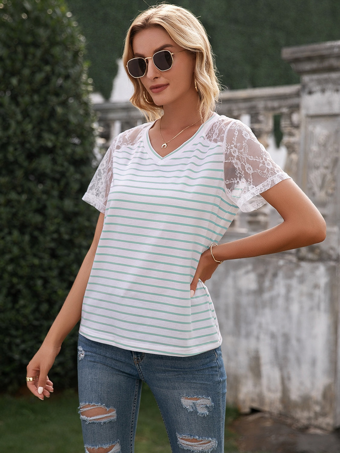 Lace Detail Striped V-Neck T-Shirt 