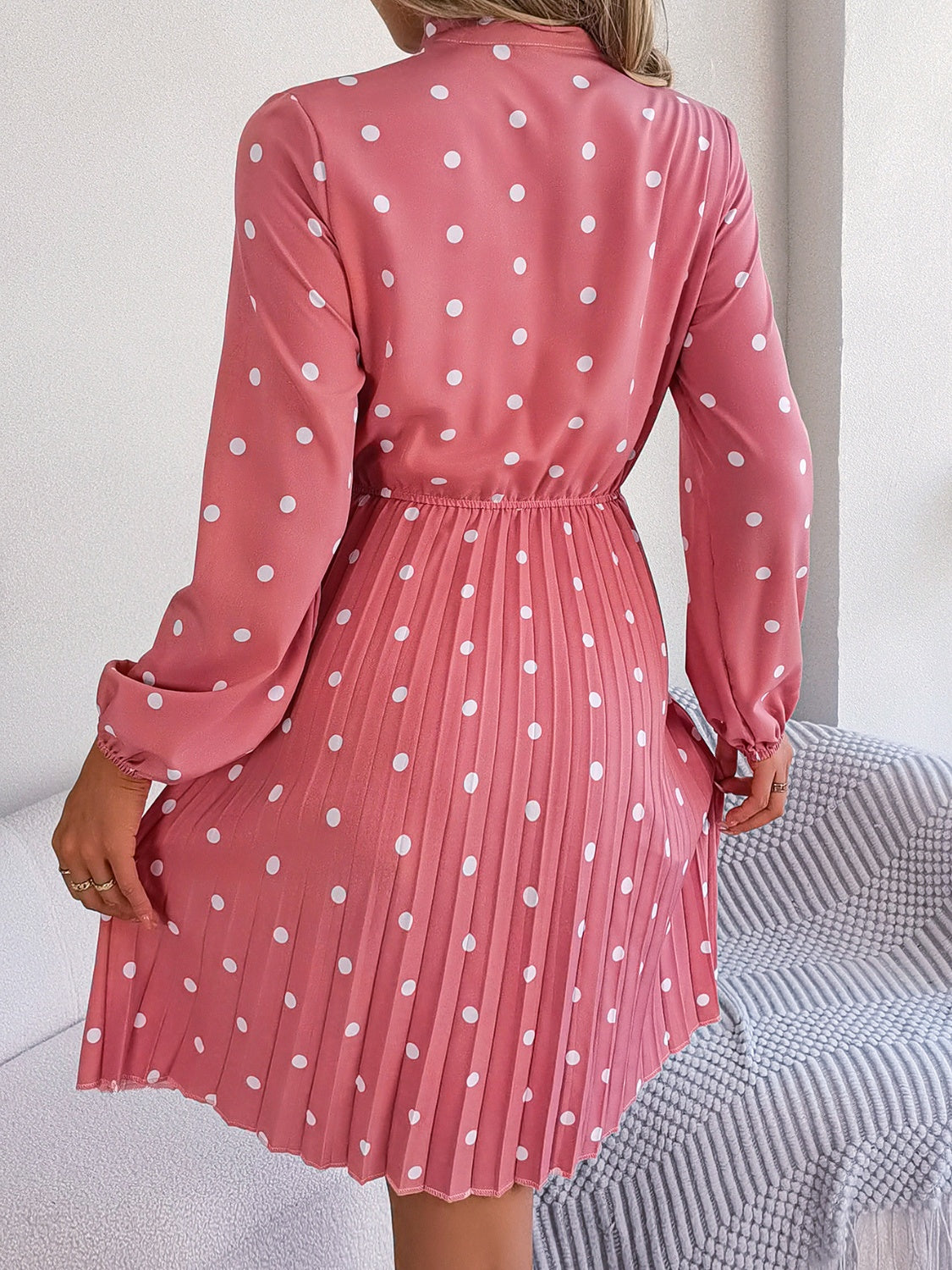 Polka Dot Tie Neck Pleated Dress 