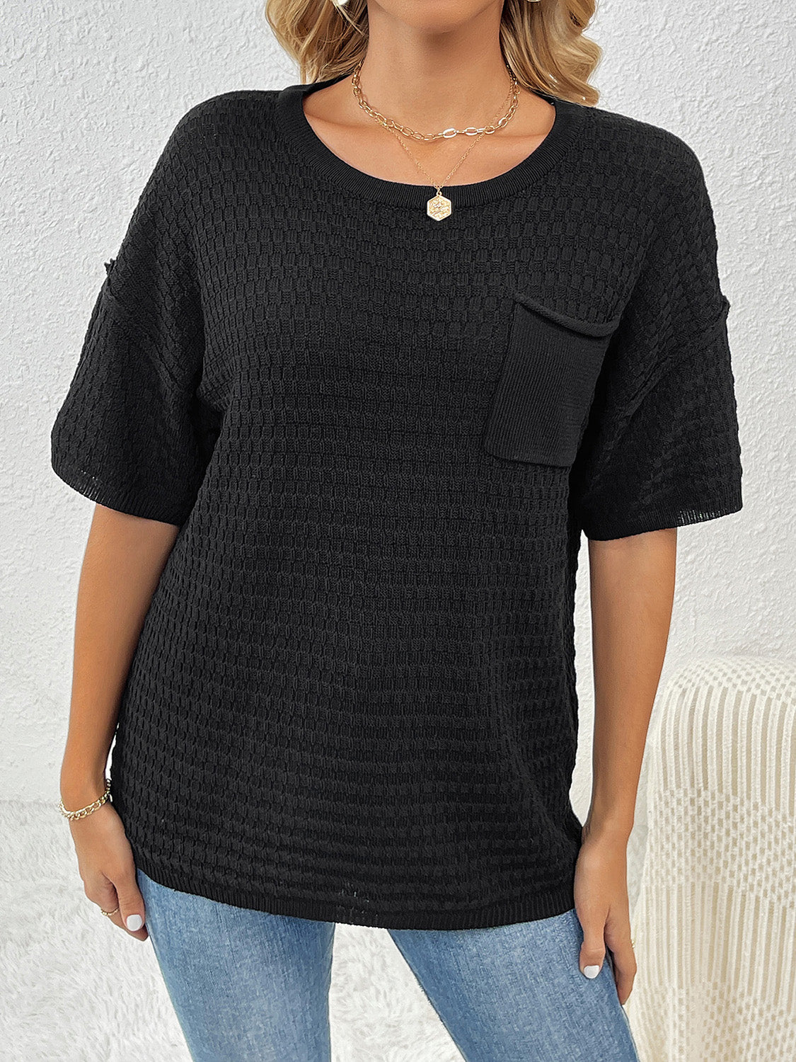 Round Neck Half Sleeve Knit Top 