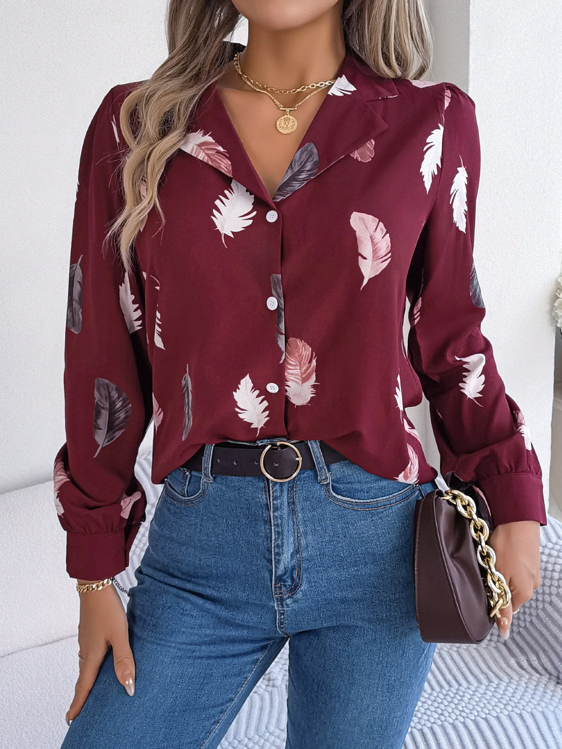 Button Up Printed Collared Neck Shirt 