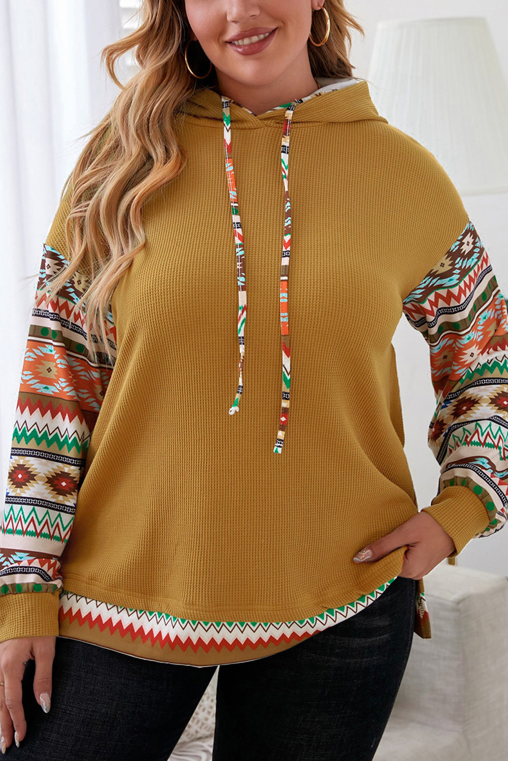 Plus Size Waffle-Knit Geometric Dropped Shoulder Hoodie 