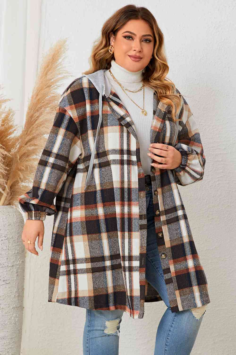 Plus Size Plaid Drop Shoulder Hooded Coat 