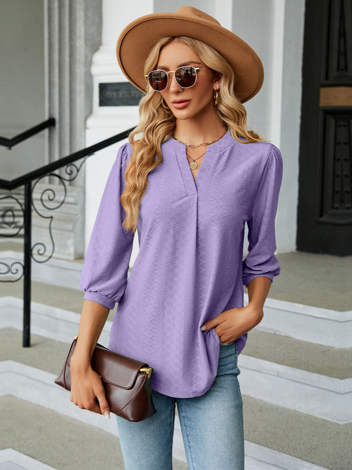 Textured Notched Three-Quarter Sleeve Blouse 